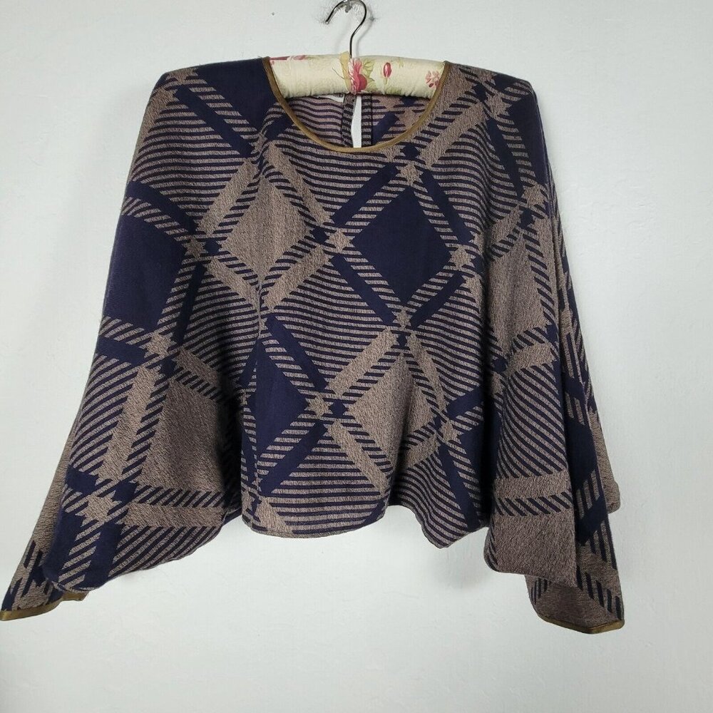 Vintage Pancaldi & B Cape Poncho Size 0 Geometric Plaid Pattern Navy Taupe Retro